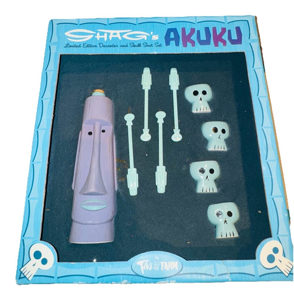 NEW Shag X Tiki Farm Decanter & 4 Skull‎ Shot Set Akuku 2002 Mug Signed Numbered